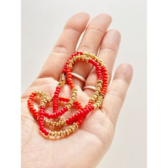 Vintage Unbranded Gold Tone Red Orange Beaded Choker Necklace - Picture 5 of 9